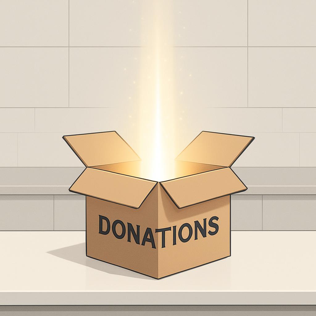 ' An illustration of a cardboard box labeled "DONATIONS" and emitting a light beam symbolizing donations. '